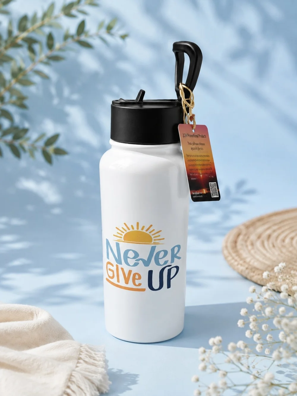 2-Set Never Give Up White Canvas Tote Bag with Black Handles & 32oz Thermo.